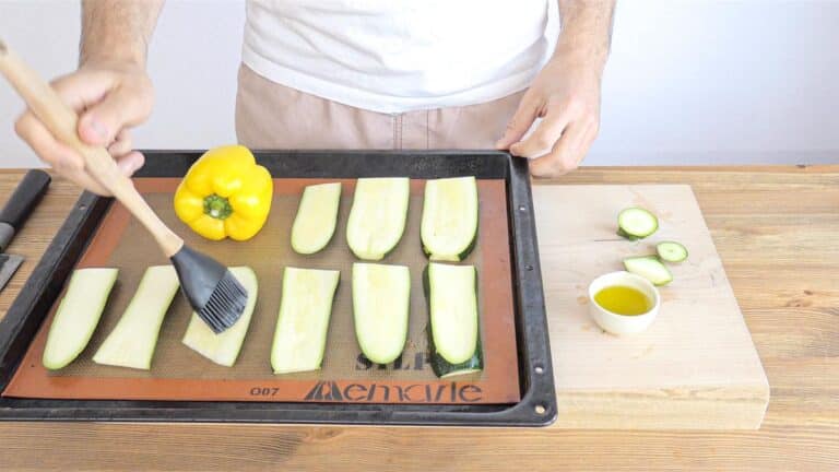 Prepping the zucchini and yellow pepper