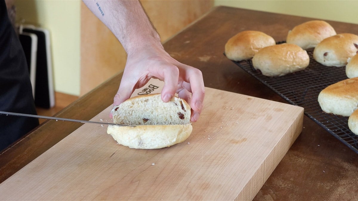 Vegan Italian cream bun cut open