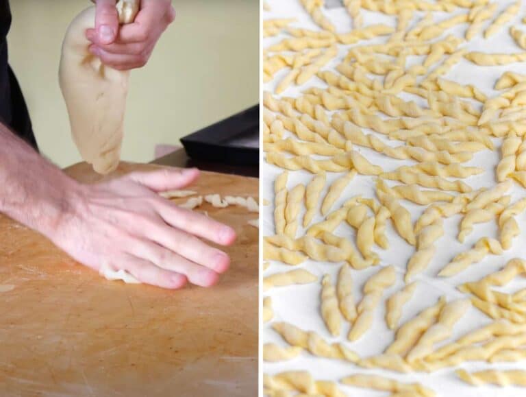 Step 3 Pinching off small dough piece to roll and shape traditional trofie pasta.