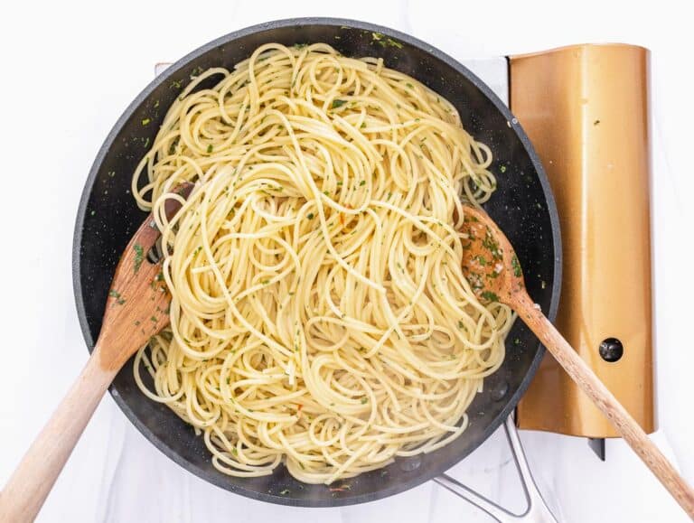 garlic and oil pasta in a large skillet (aglio olio just made)