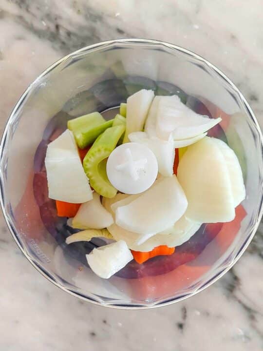onion, carrot and celery in food processor