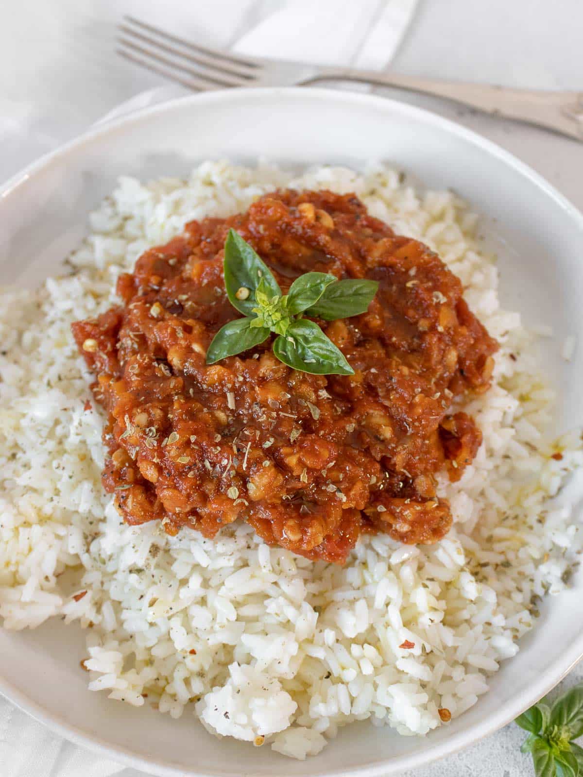 tempeh bolognese on rice