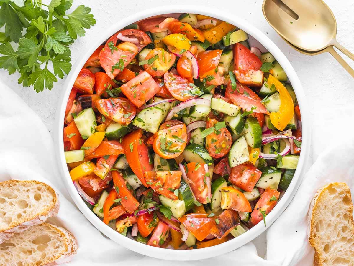 Cucumber tomato salad in a bowl