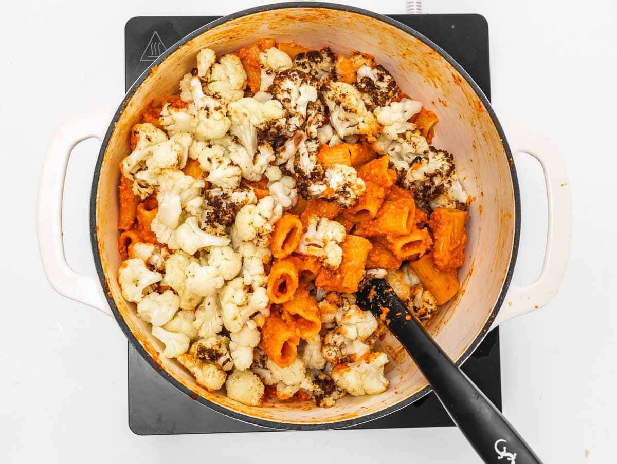 roasted cauliflower florets in the red pepper pasta 