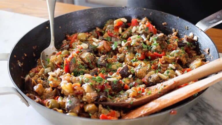 eggplant caponata in a pan