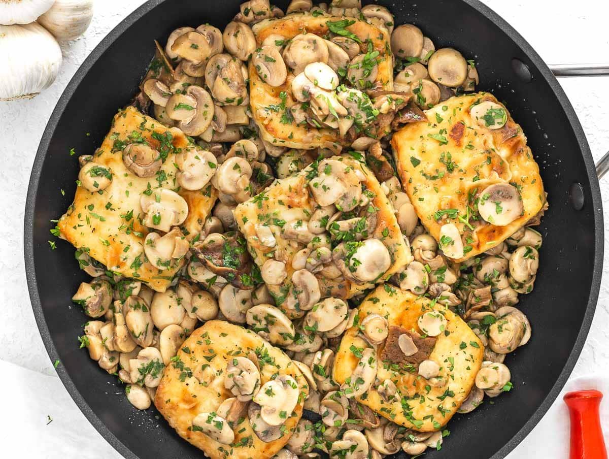 tofu mushrooms in a pan