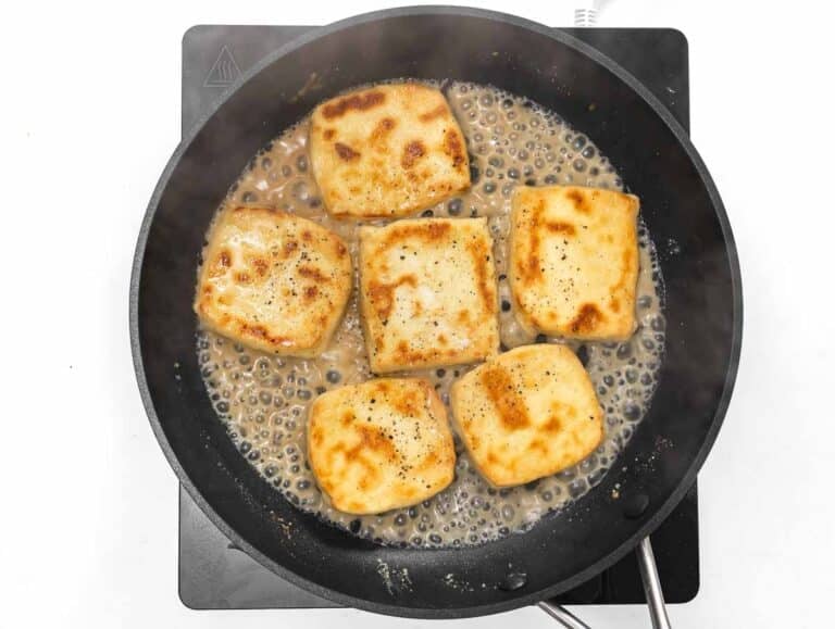 tofu on a pan with white wine