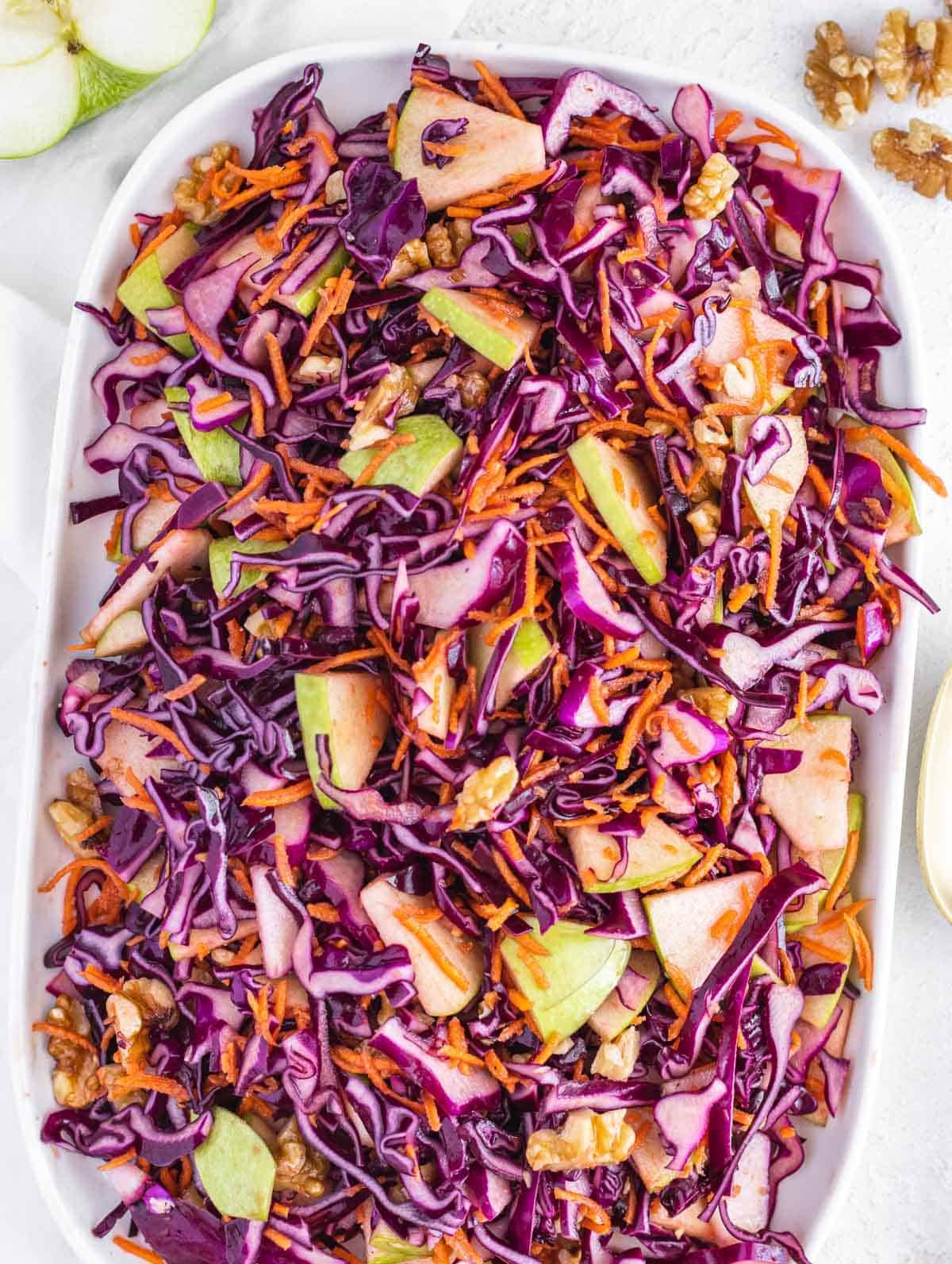 red cabbage slaw on a white platter
