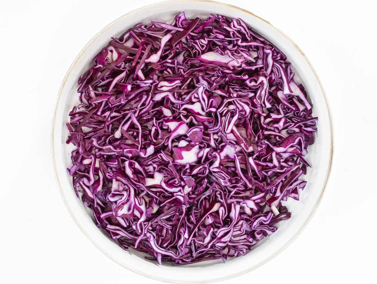 red cabbage in a white bowl
