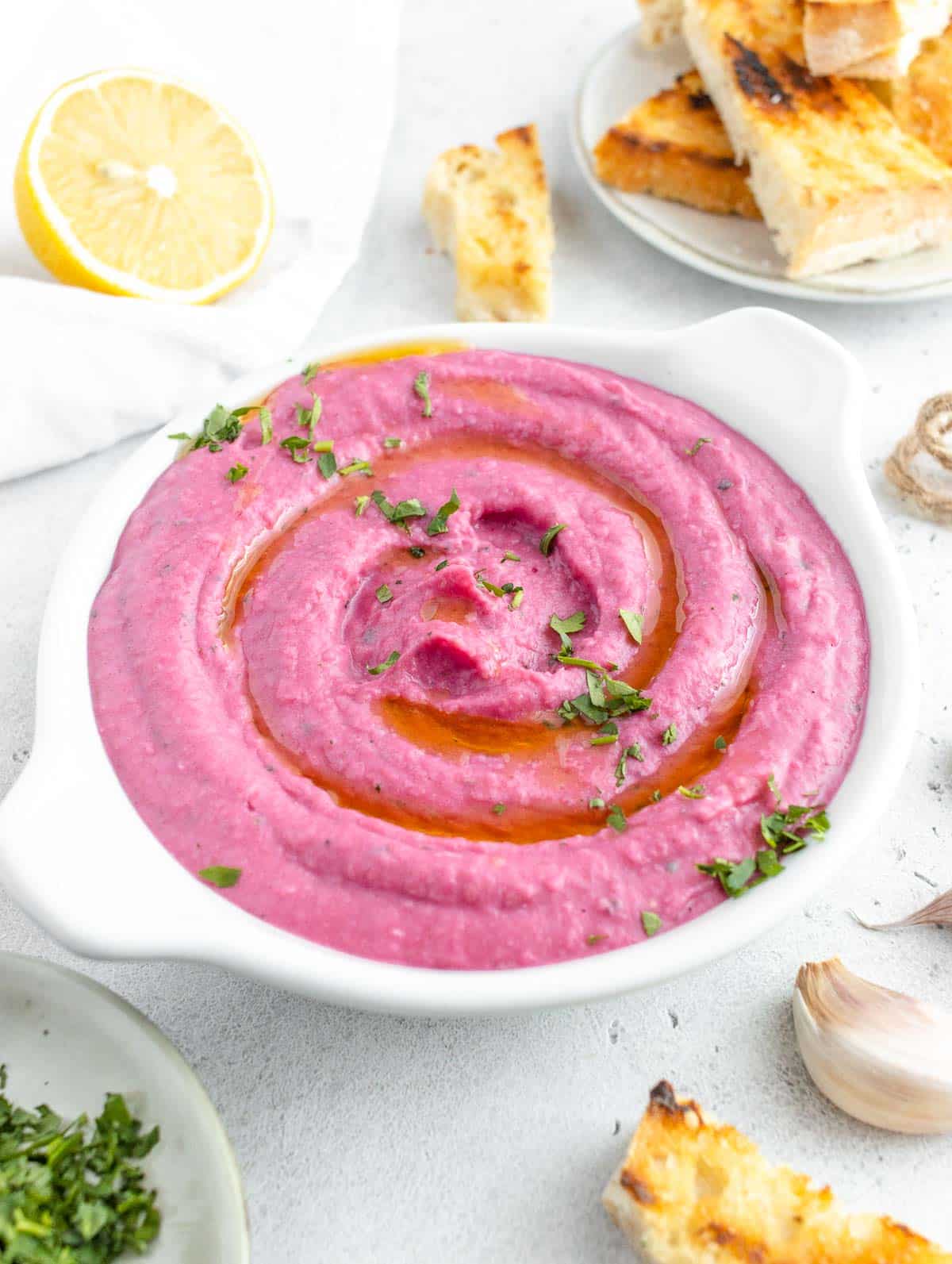 pink bean dip with white beans and beet
