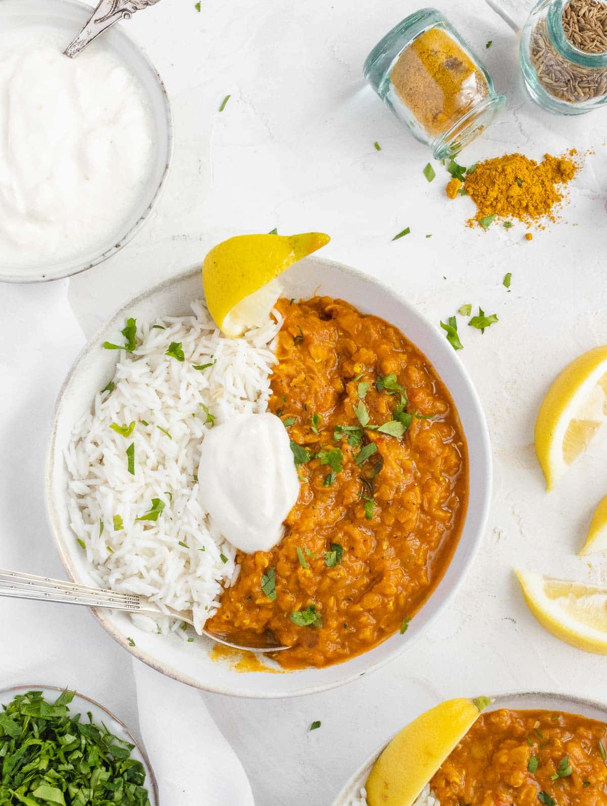 lentil curry with basmati rice, yogurt, and lemon