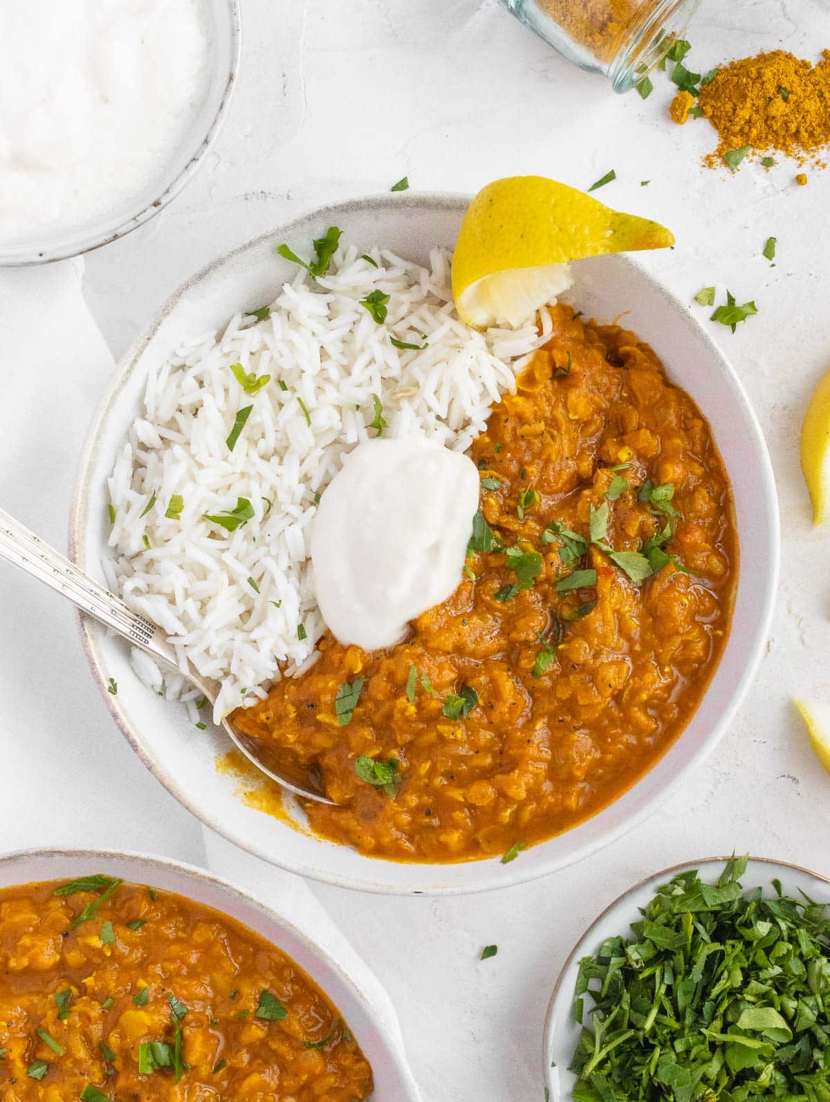 red lentil curry on basmati rice