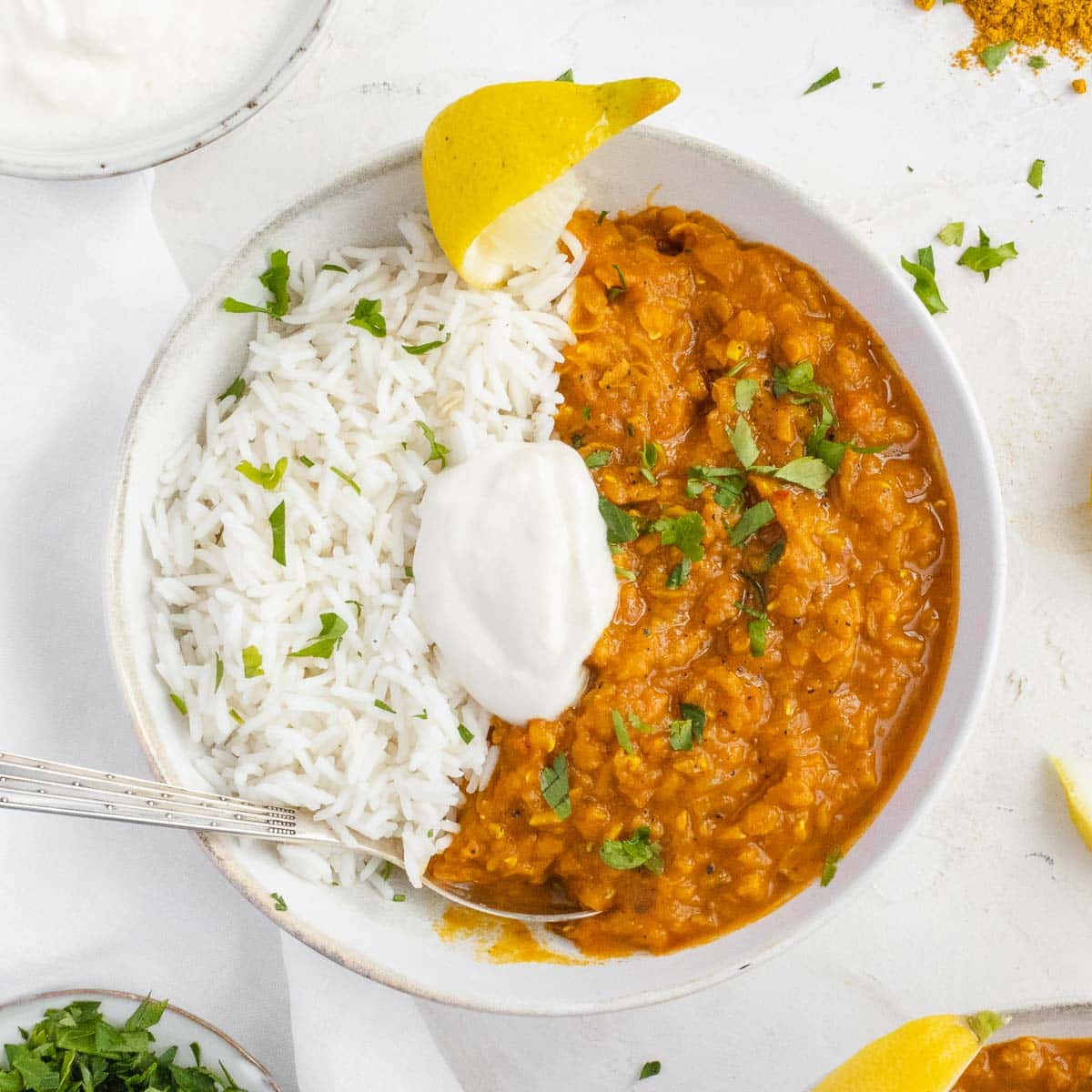 lentil curry on basmati rice