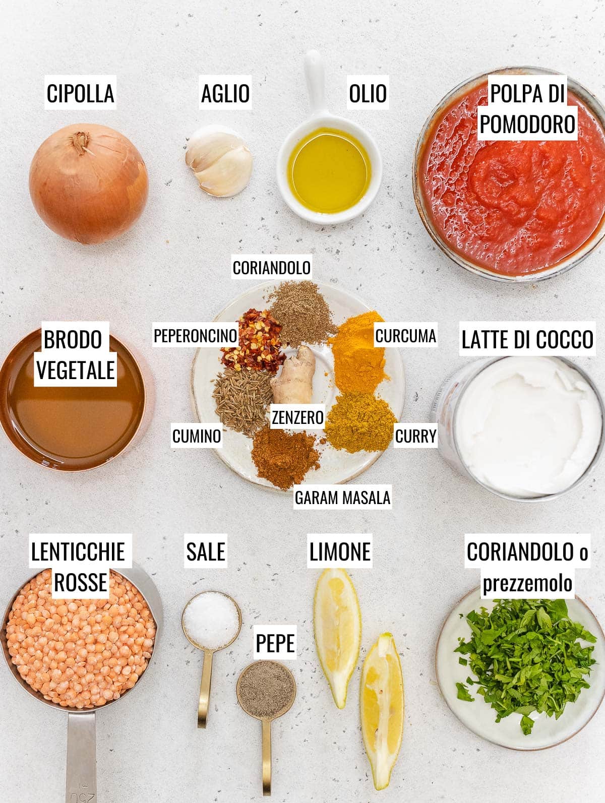 ingredienti per il curry di lenticchie