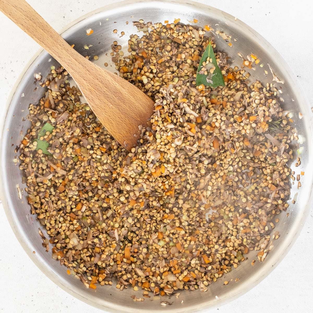 lentils added to the pan