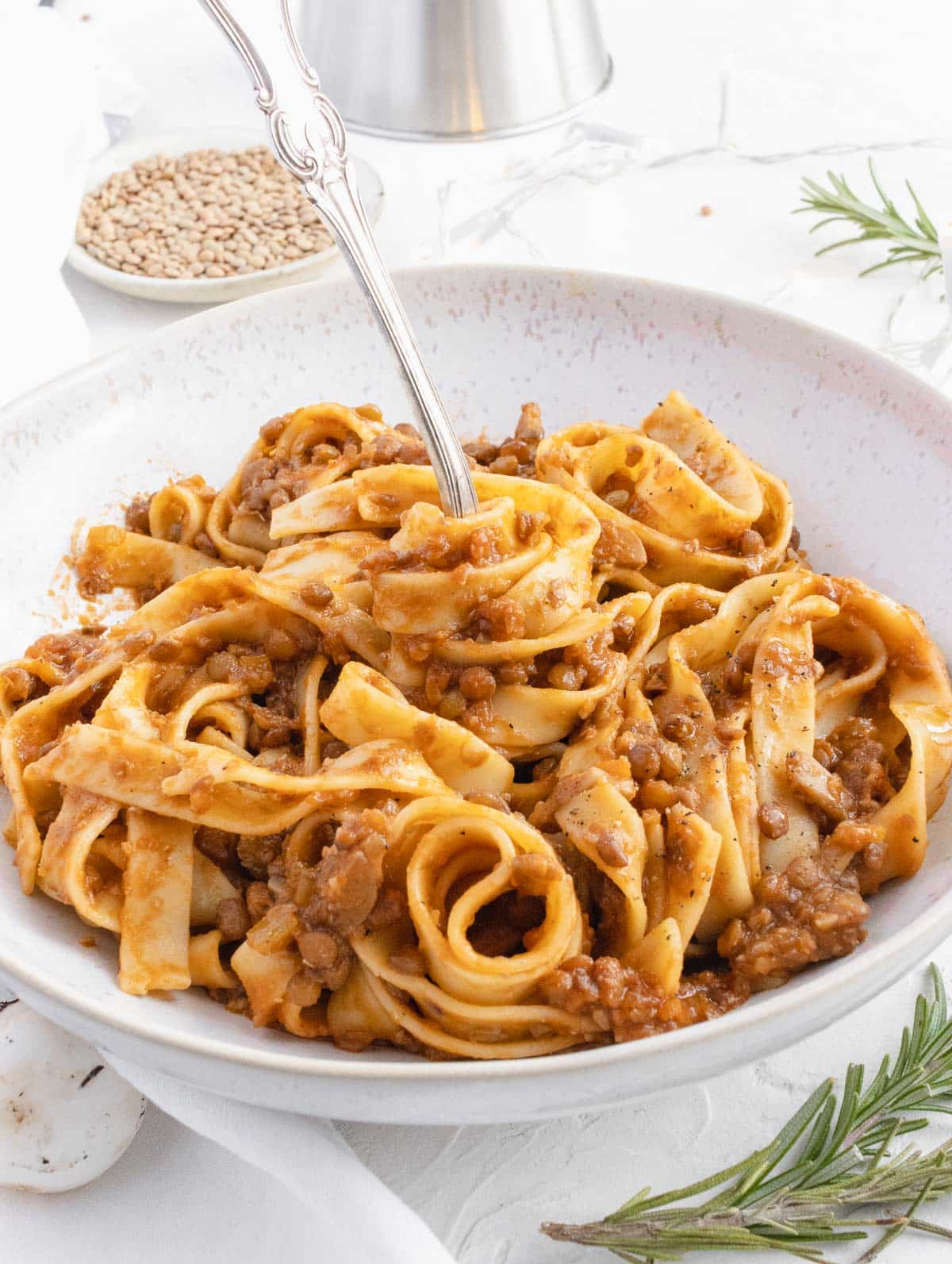 lentil bolognese with tagliatelle