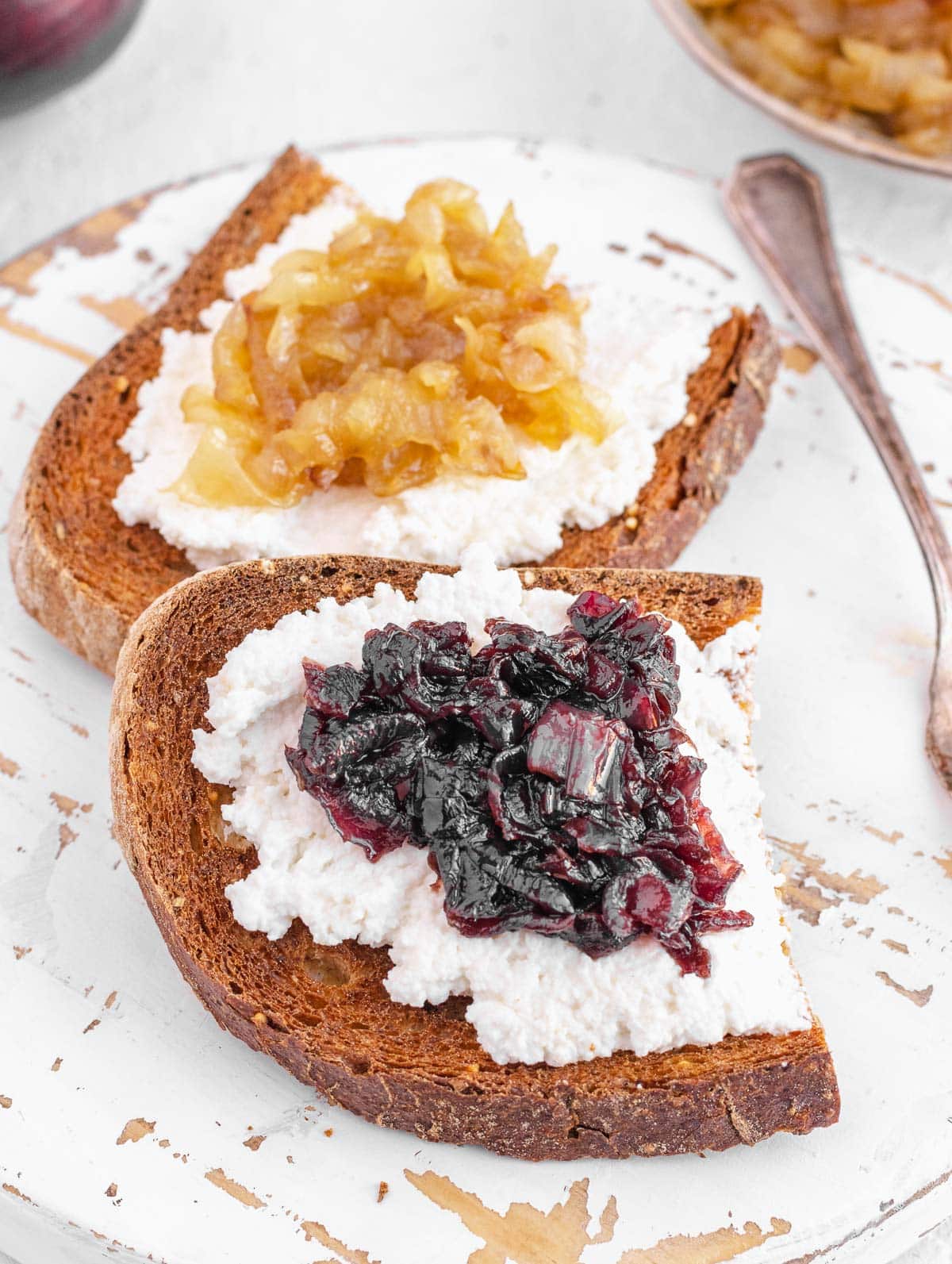 caramelized onions on toast with soy ricotta
