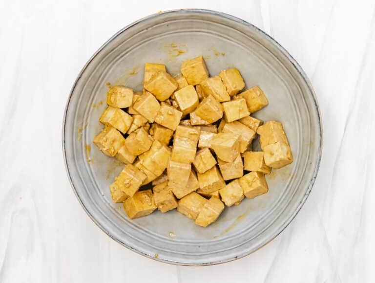 cubed tofu coated in olive oil, soy sauce, and corn starch