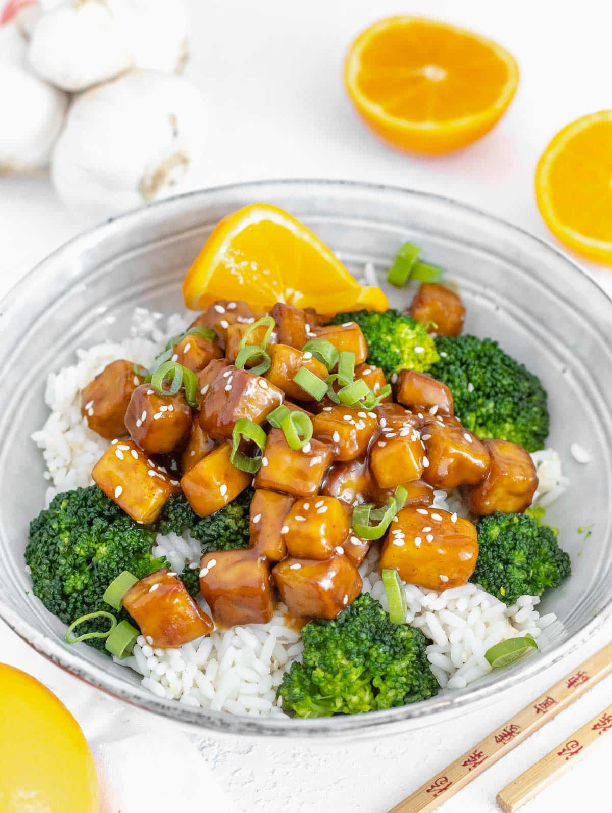 Orange tofu in a bowl