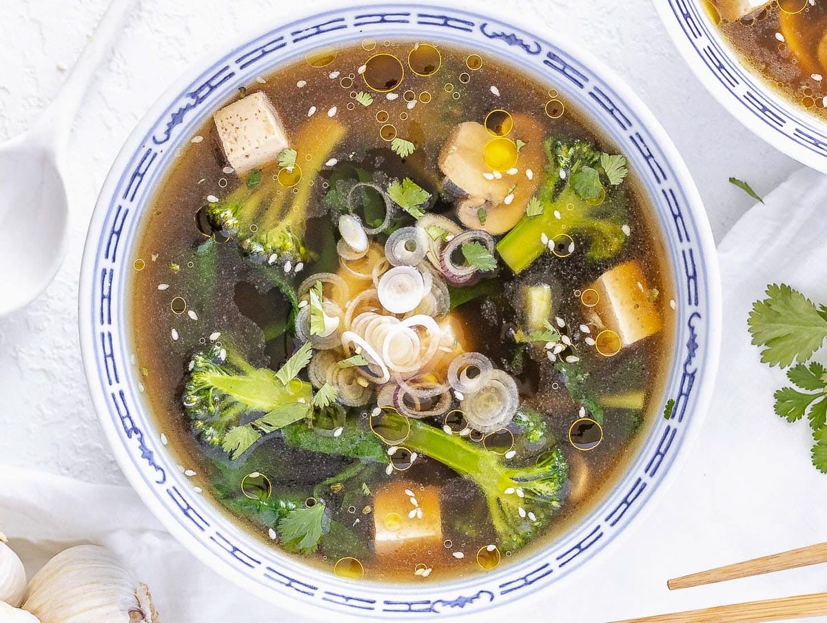 winter tofu soup with broccoli and spinach