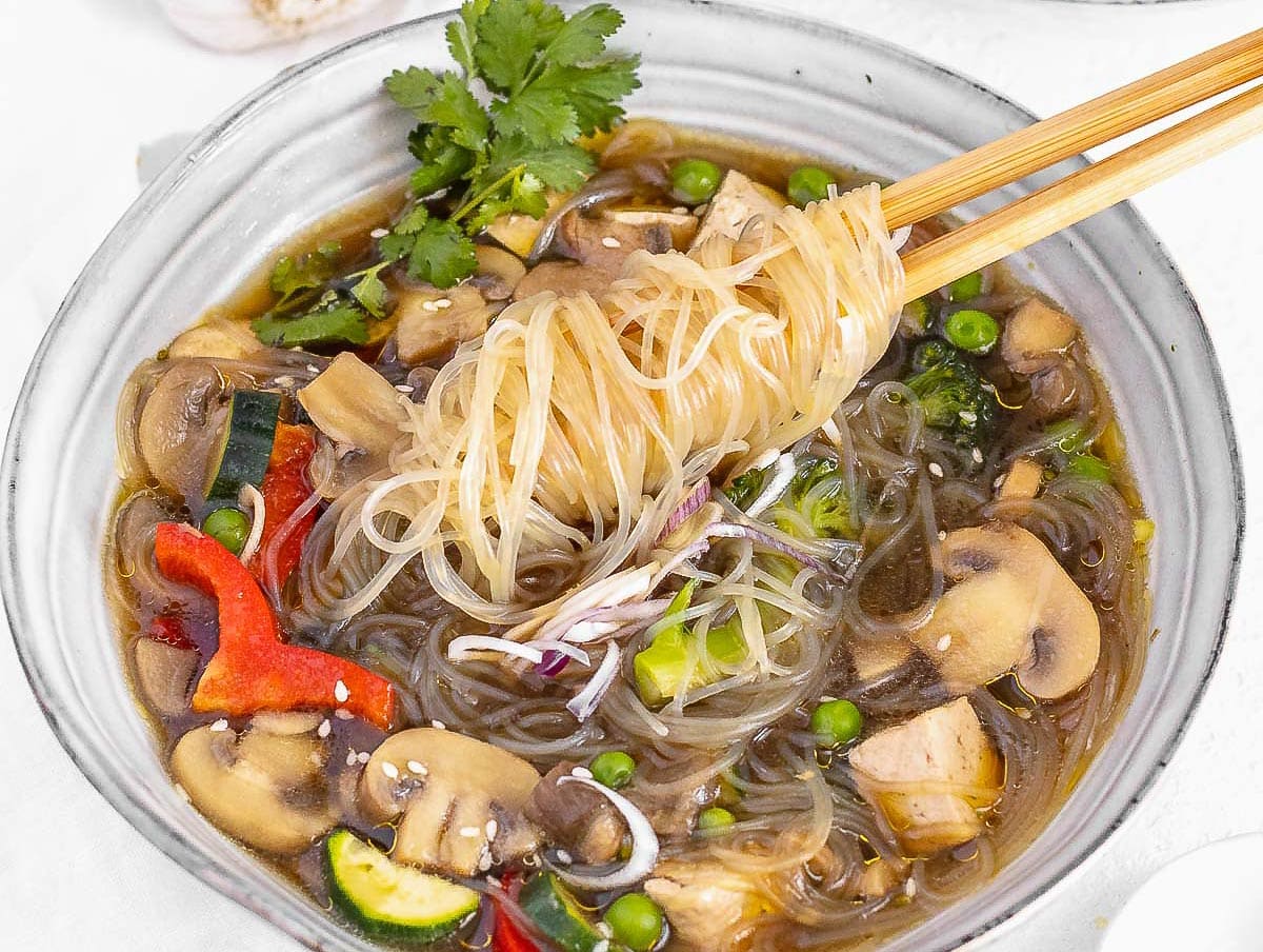 vegan tofu soup with noodles