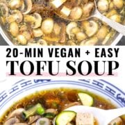 Tofu Soup in a skillet and in a bowl with spoon