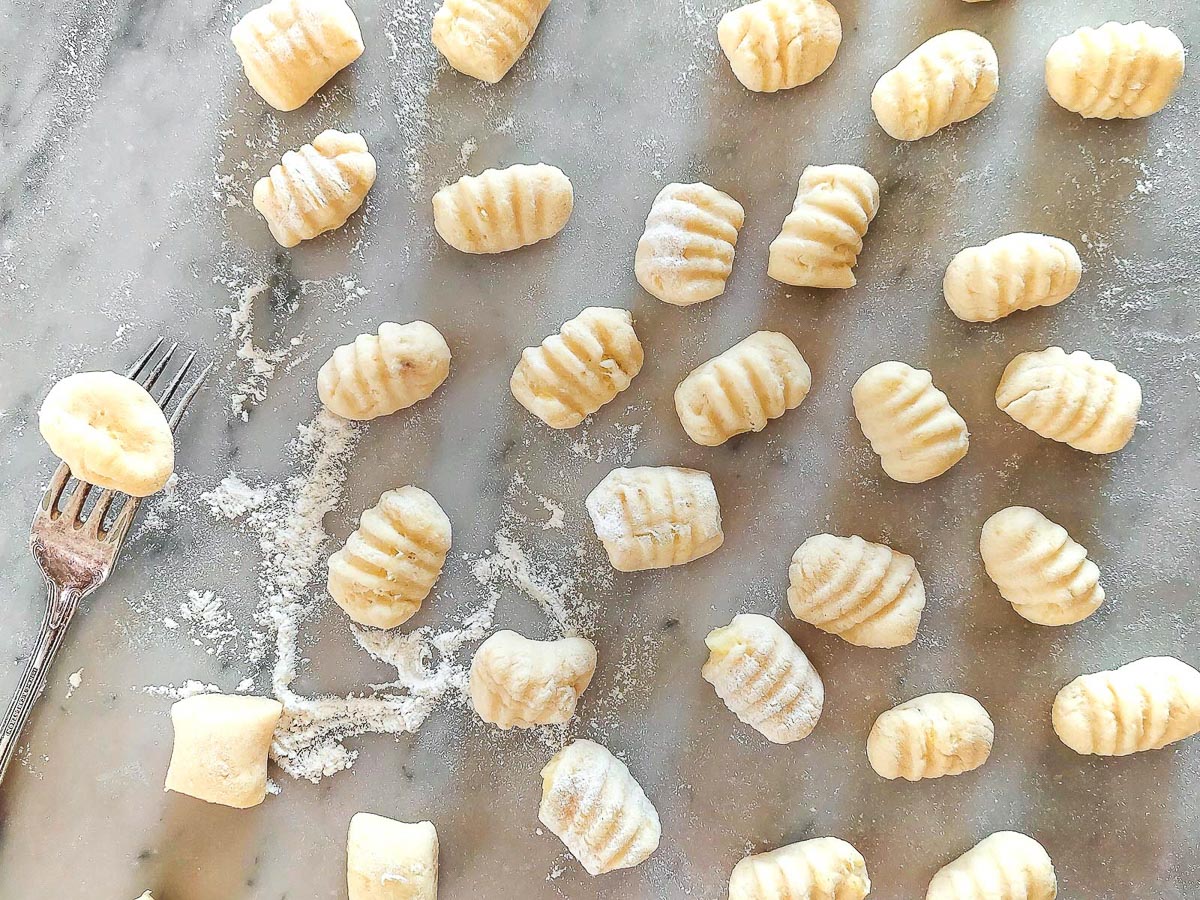 vegan gnocchi shaped with a fork