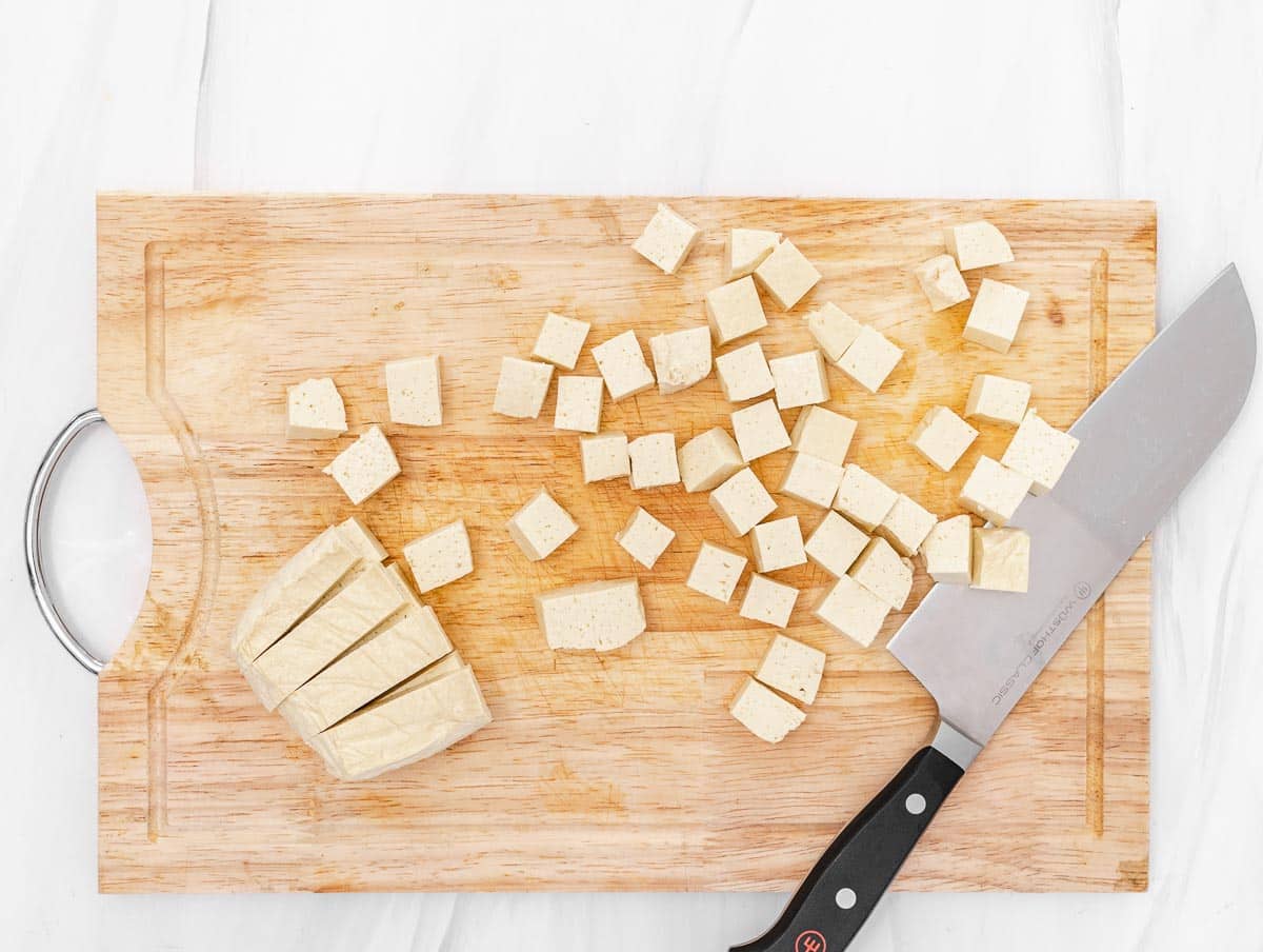 diced tofu on a cutting board
