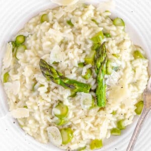 asparagus risotto on a white plate
