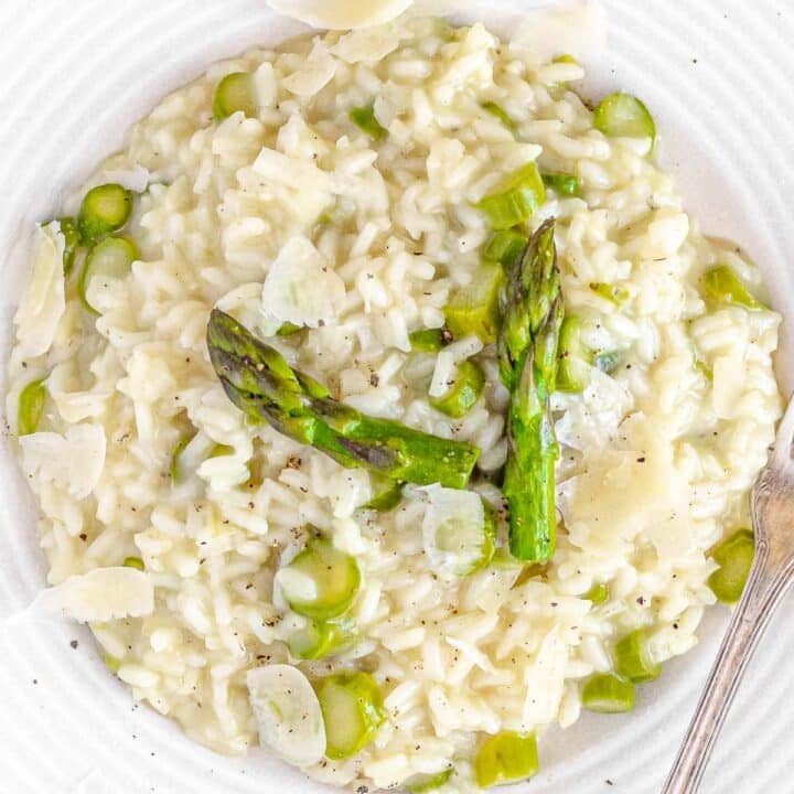 asparagus risotto on a white plate