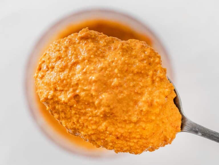 red pepper pesto on a spoon