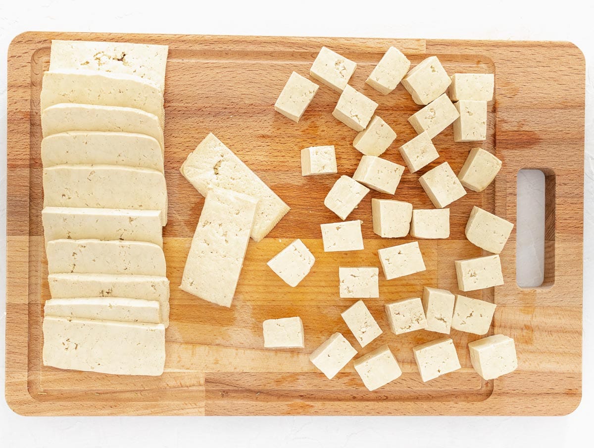 tofu cut in cubes are slabs