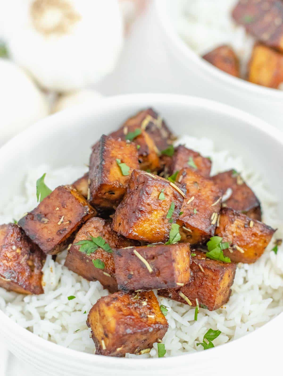 marinated tofu on rice