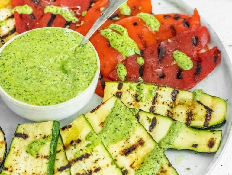 parsley pesto drizzled on grilled vegetables