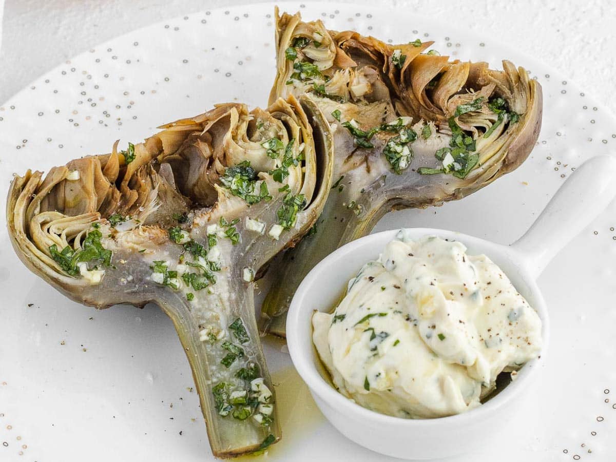steamed artichokes served with vegan mayo
