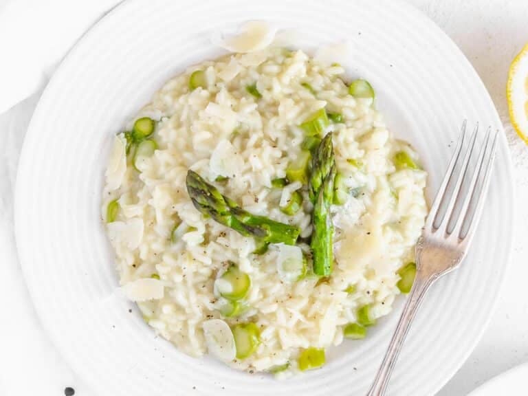 asparagus risotto served on a plate