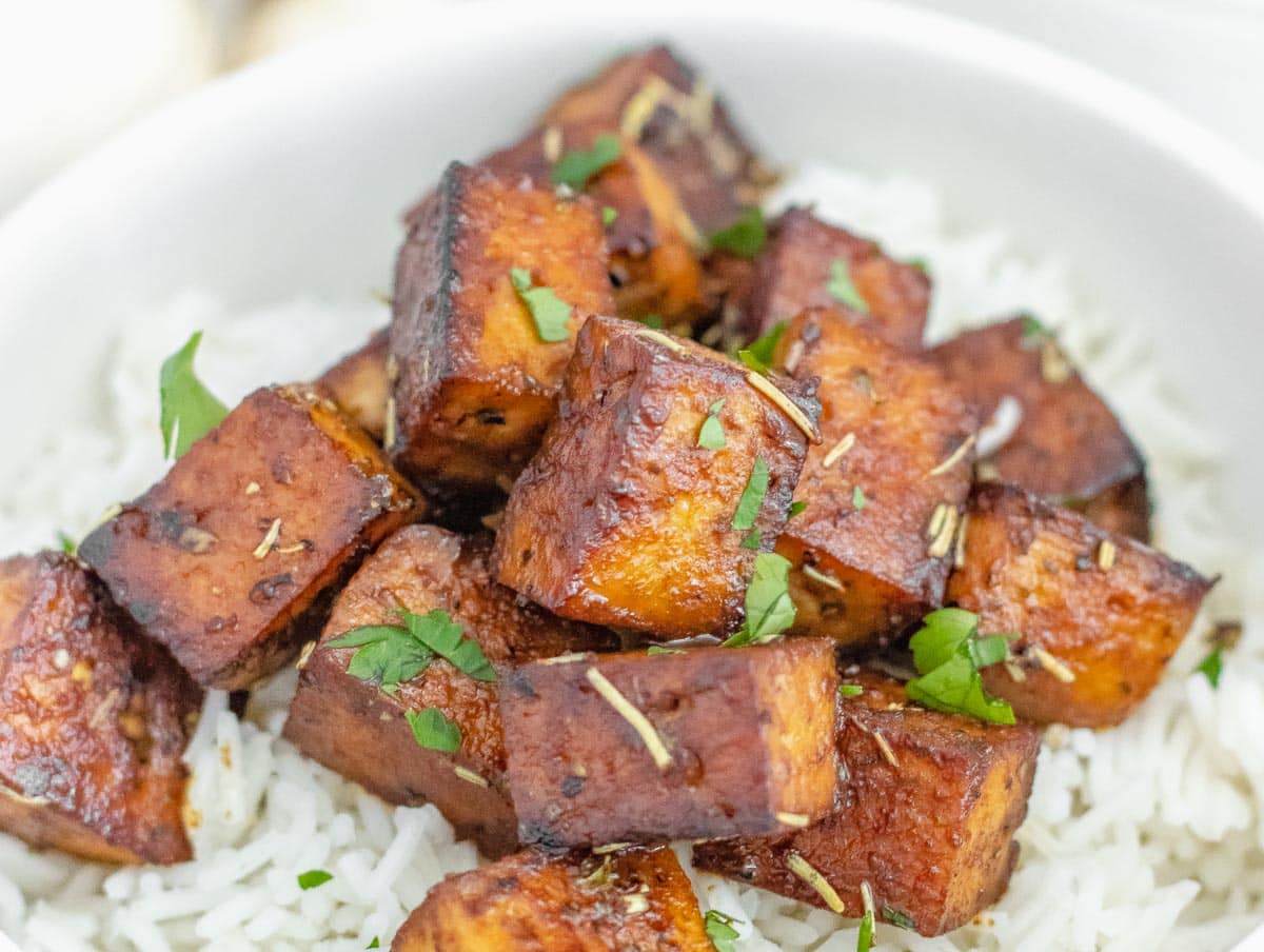 diced marinated tofu served on rice