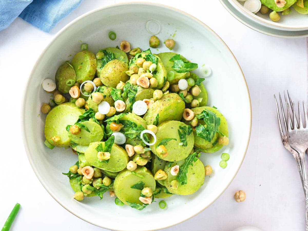 vegan potato salad with vegan pesto