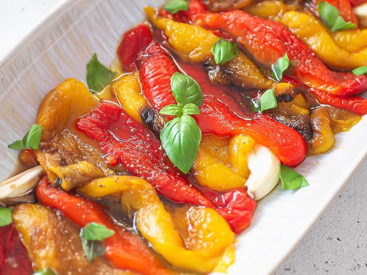 roasted pepper in marinade and with basil