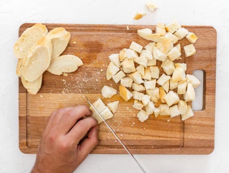 cutting a baguette into cubes