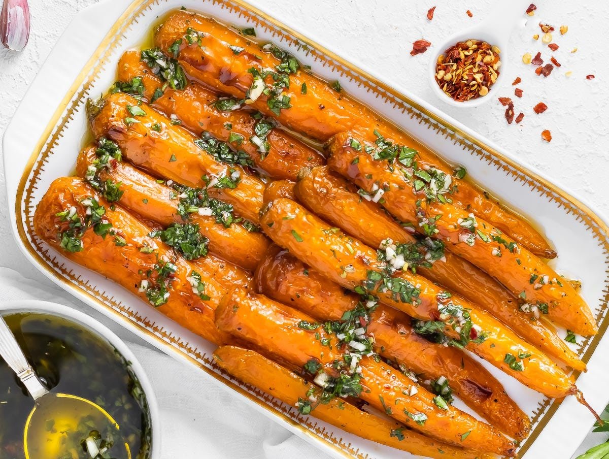 oven-roasted carrots with chimichurri on top