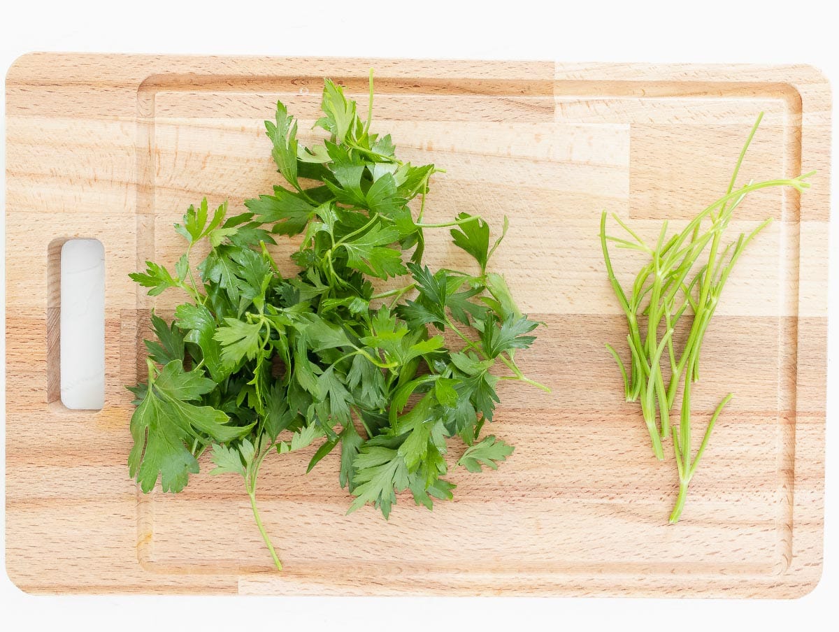 parsley leaves on the left, stems on the right