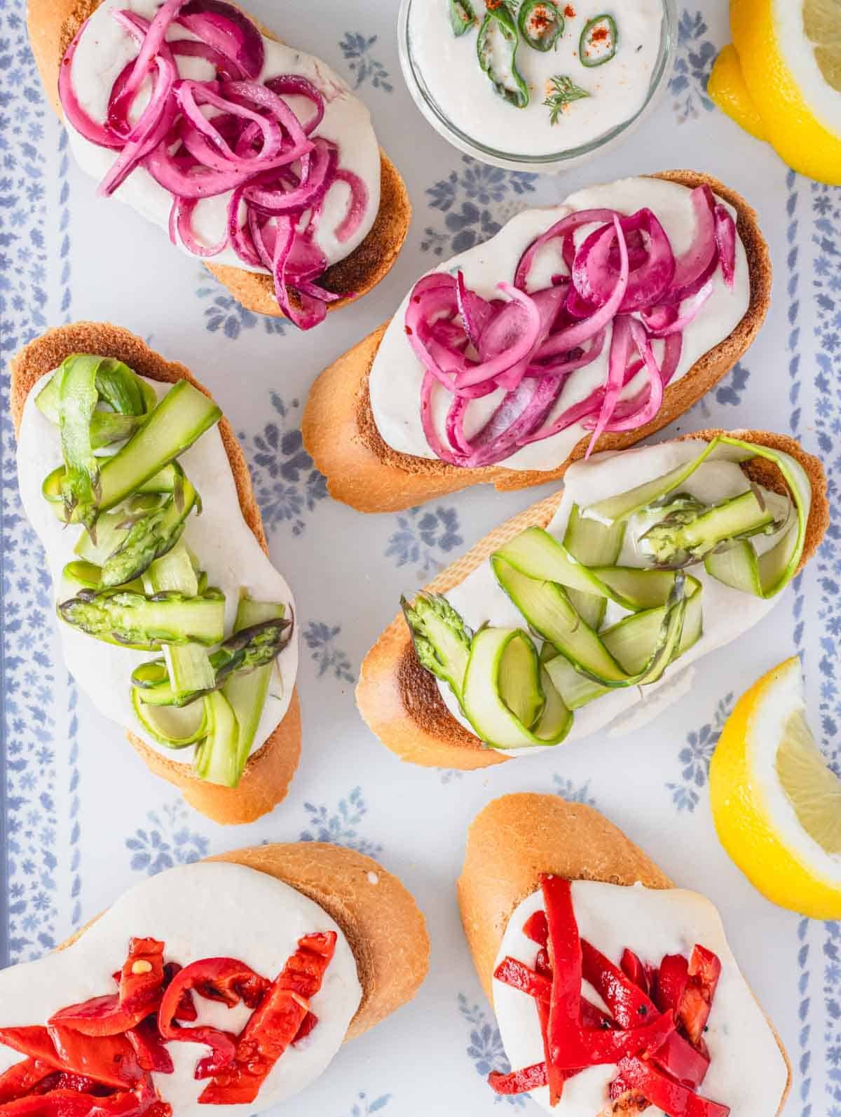 Crostini with toppings and a cutting board