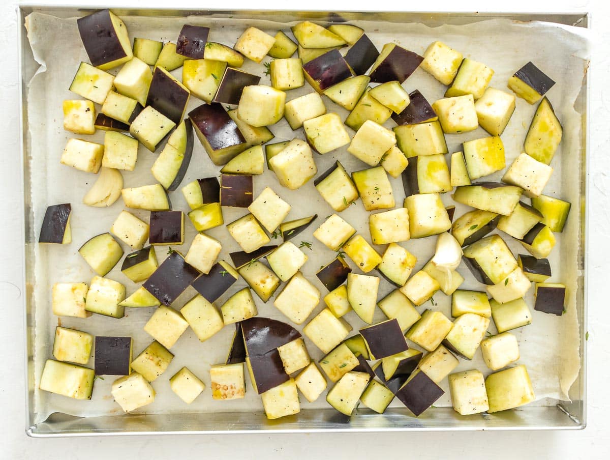 diced eggplant on a baking tray