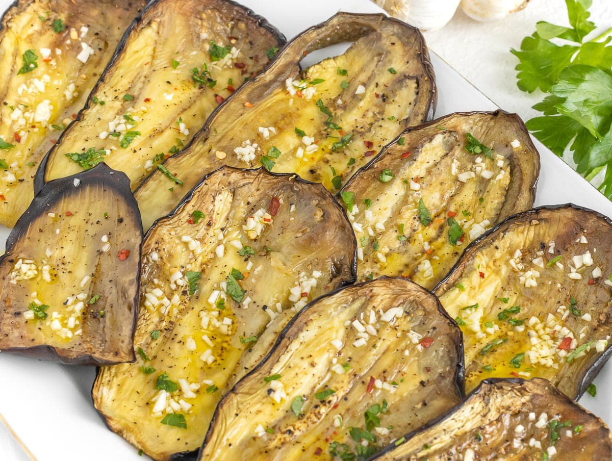 roasted eggplant slices on serving platter