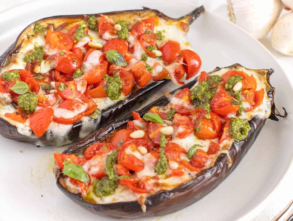 roasted eggplant boats with vegan cheese