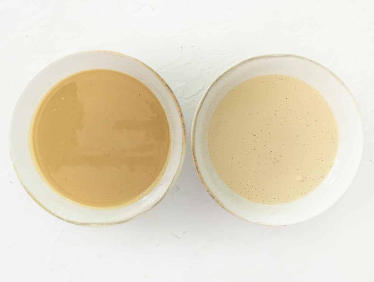 pure tahini on the left and tahini sauce on the right.