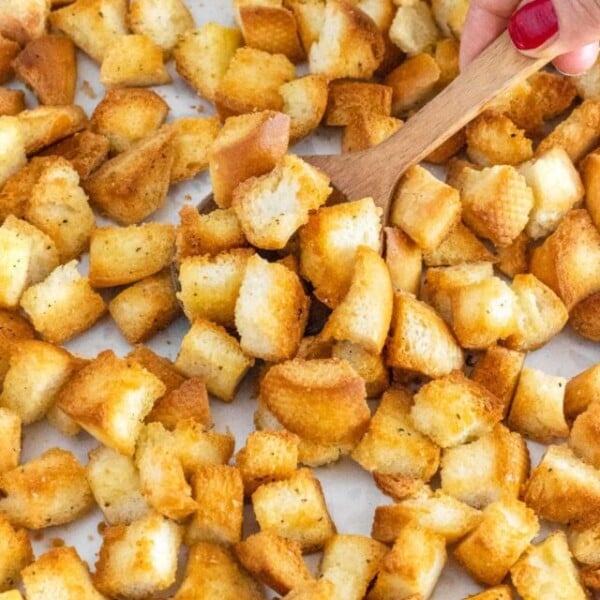 oven baked croutons in a baking tray