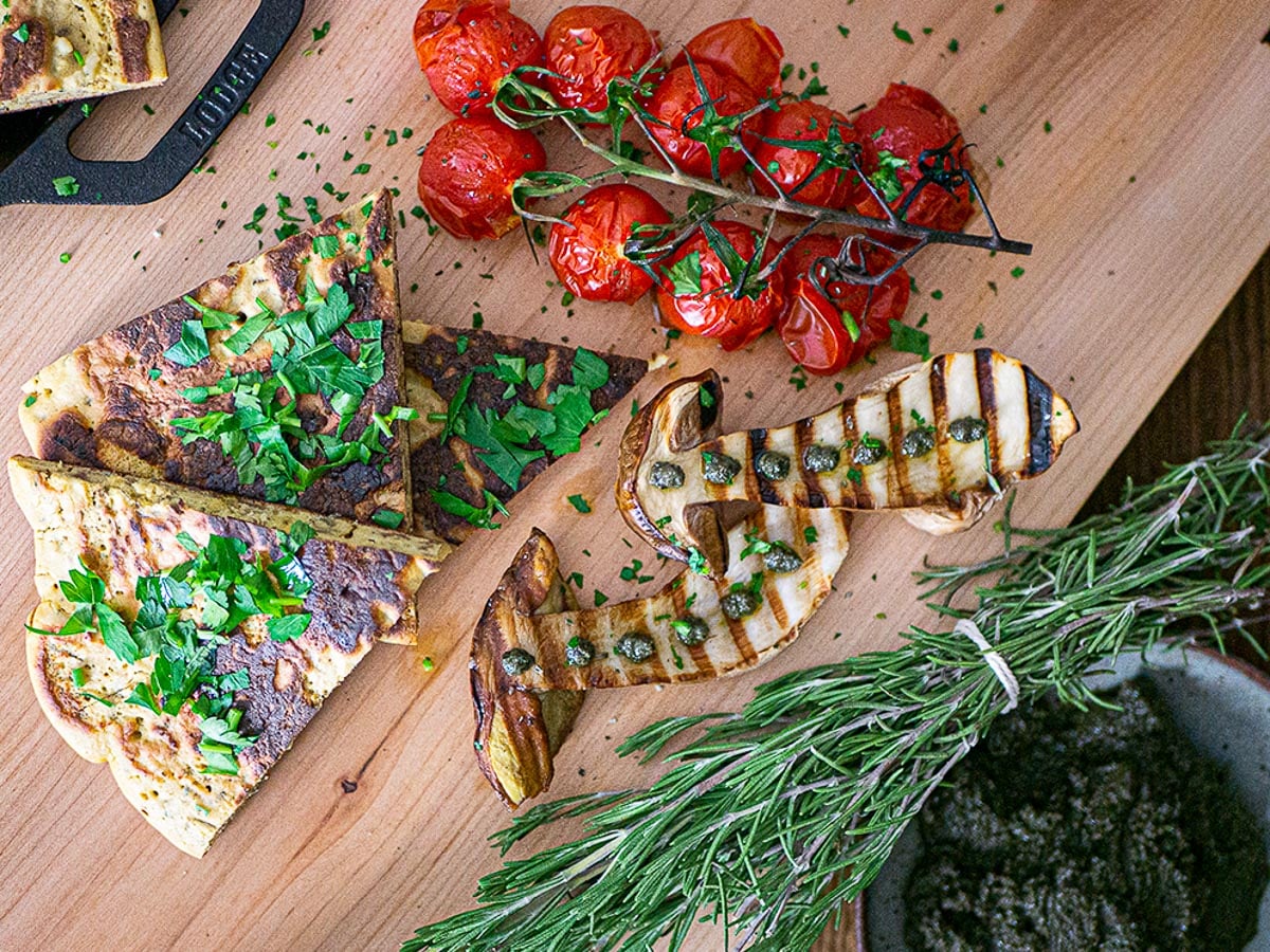 tapenade with frittata and grilled mushrooms