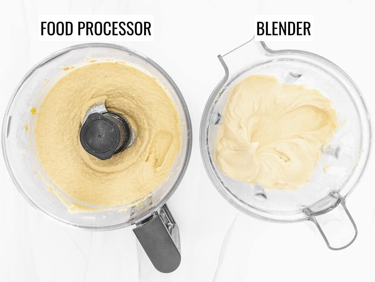 hummus in a food processor and in a blender side by side